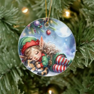 Ornamento De Cerâmica Elfo de Natal Dormindo com Gatinho Calico