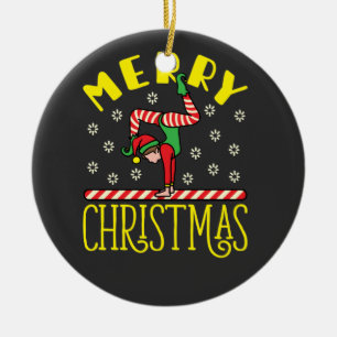 Ornamento De Cerâmica Elfo do ginásio em Beam Gymnastics Camisa de Natal