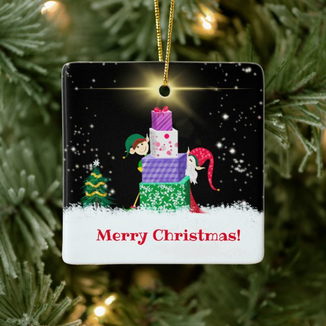 Ornamento De Cerâmica Elfos Feliz Natal Com Presentes de Natal (Árvore)