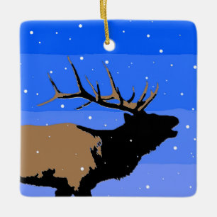 Ornamento De Cerâmica Elk Bugling no inverno - Arte original sobre a vid