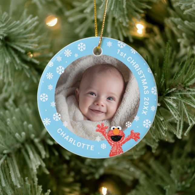 Ornamento De Cerâmica Elmo's Baby's 1st Christmas Photo Ceramic Ornament (Árvore)
