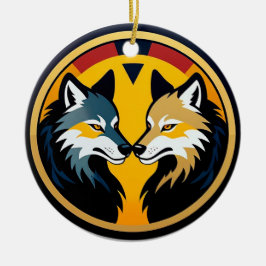 Ornamento De Cerâmica Emblema Duplo Lobo com Círculo Dourado