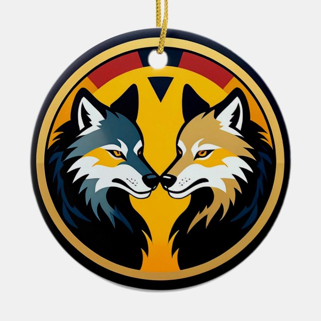 Ornamento De Cerâmica Emblema Duplo Lobo com Círculo Dourado (Frente)