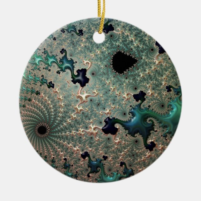 Ornamento De Cerâmica Emerald e Dourado Mandelbrot (Frente)