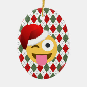 Ornamento De Cerâmica emoji do piscar os olhos de Papai Noel