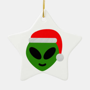 Ornamento De Cerâmica emoji verde da alienígena do papai noel