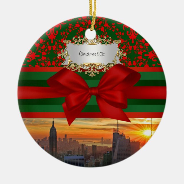 Ornamento De Cerâmica Empire Rua Bldg Sunset NYC Red Grn Damask Xmas #2R (Frente)