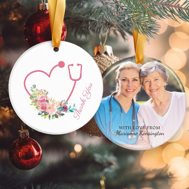 Ornamento De Cerâmica Enfermeira Cardíaca Rosa-Floral Estetoscópio Agrad (Pink Floral Stethoscope Heart Nurse Thank You Photo Ceramic Ornament)