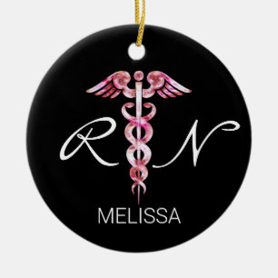 Ornamento De Cerâmica Enfermeira Médica Registrada Caduceus Rosa Natal