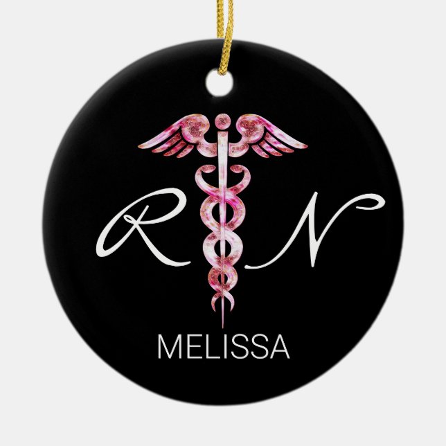 Ornamento De Cerâmica Enfermeira Médica Registrada Caduceus Rosa Natal (Frente)