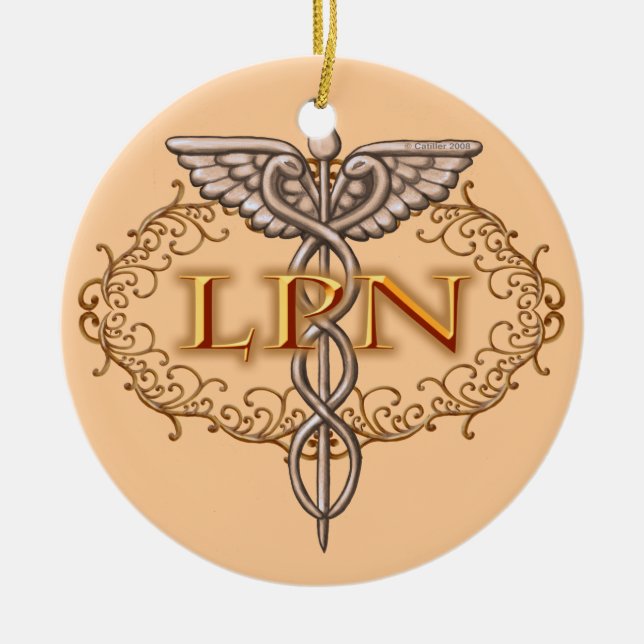 Ornamento De Cerâmica Enfermeiro Oval Caduceus LPN (Frente)