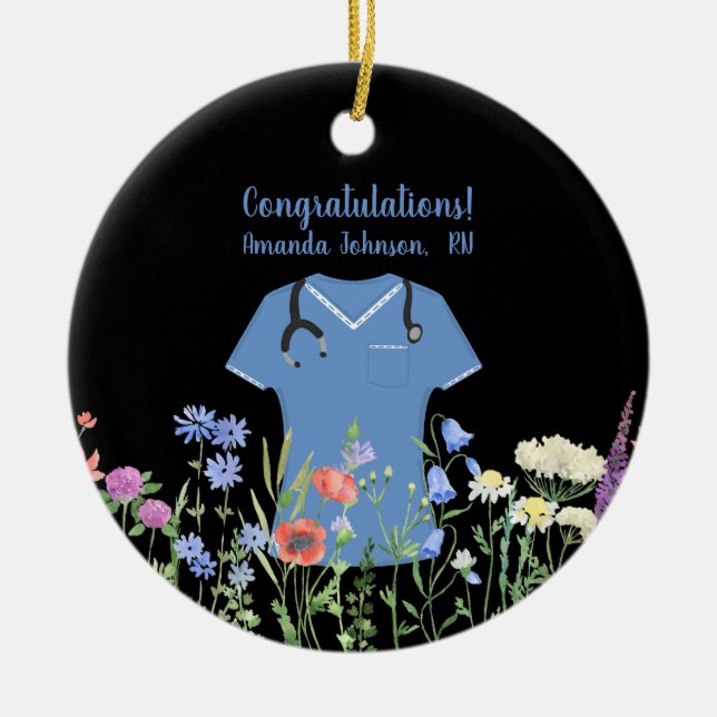 Ornamento De Cerâmica Enfermeiro Personalizado RN LPN Escrubos Azuis (Frente)
