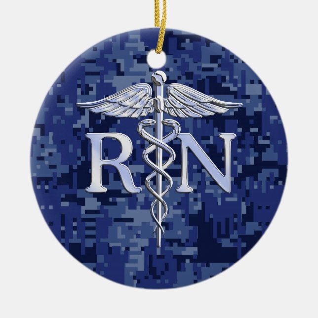 Ornamento De Cerâmica Enfermeiro Registrado RN Caduceus em Blue Camo (Frente)