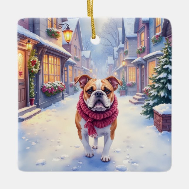 Ornamento De Cerâmica English Bulldog Snowy Christmas Village Holiday (Frente)