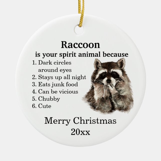 Ornamento De Cerâmica Engraçada Raccoon Seu Espírito Humor De Natal Anim (Frente)