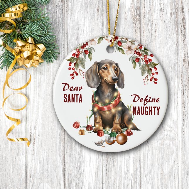 Ornamento De Cerâmica Engraçado Dachshund Define o Natal travesso (Criador carregado)