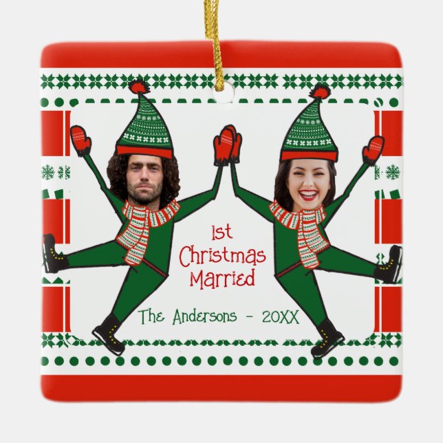 Ornamento De Cerâmica Engraçado Elves 1rua de Natal casado com Red Green (Frente)