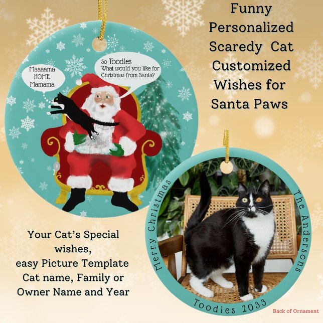 Ornamento De Cerâmica Engraçado Gato Visita Papais noeis Natal Personali (Your Scaredy cat gives Santa Paws Christmas wish list custom double sided photo template Ornament)