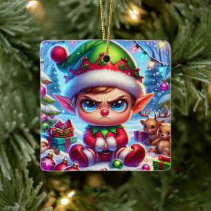 Ornamento De Cerâmica Engraçado Grumpy Elf Natal