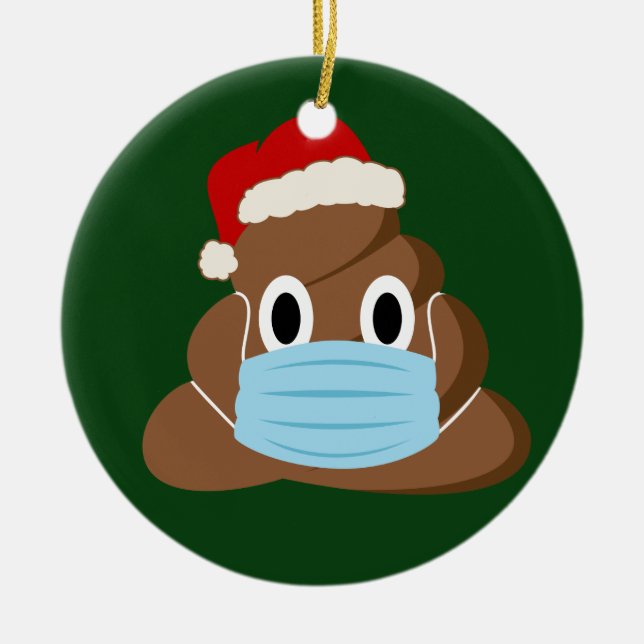 Ornamento De Cerâmica Engraçado Natal 2020Poop Emoji Veste uma máscara (Frente)