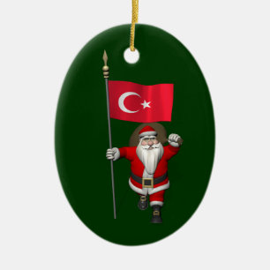 Ornamento De Cerâmica Engraçado Papai Noel Com Bandeira Da Turquia