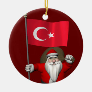 Ornamento De Cerâmica Engraçado Papai Noel Com Bandeira Da Turquia