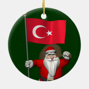 Ornamento De Cerâmica Engraçado Papai Noel Com Bandeira Da Turquia