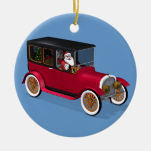 Ornamento De Cerâmica Engraçado Papai Noel Na Limusine Da Vintagem Verm