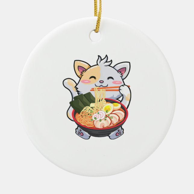 Ornamento De Cerâmica Engraçado Ramen Cat Anime Kawaii Noodles Japoneses (Frente)
