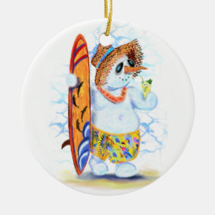 Ornamento De Cerâmica Engraçado Summer Snowman Surfer bebe coquetel fre