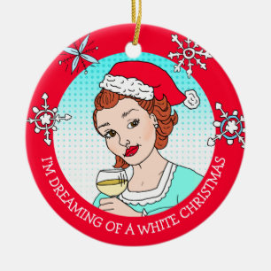 Ornamento De Cerâmica Engraçado Vinho Humor Retro-Lady Natal Branco