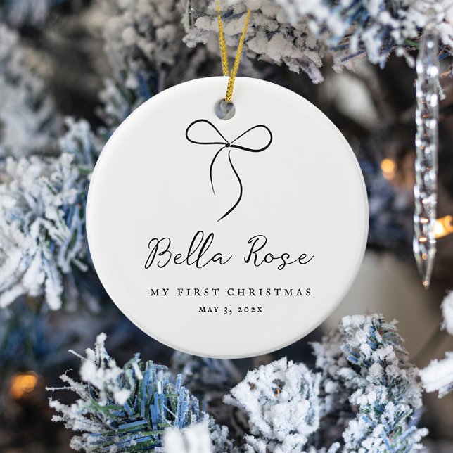 Ornamento De Cerâmica Enrolado Com Arco Preto Amor Primeira Foto De Nata (Wrapped With Love Black Bow First Christmas Photo Ceramic Ornament)