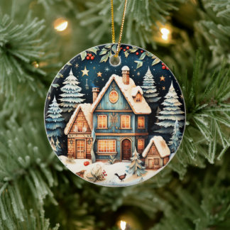 Ornamento De Cerâmica Época de Natal, cena de feriado vintage,