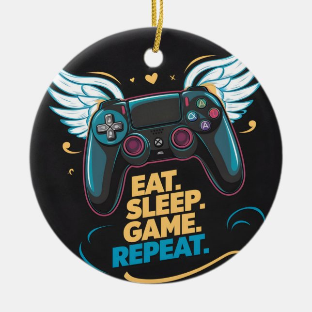 Ornamento De Cerâmica Equipamento Épico de Jogo.  Comer. Dormir. Jogar.  (Frente)