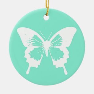 Ornamento De Cerâmica Esboço da borboleta, aqua e branco
