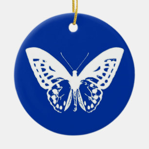 Ornamento De Cerâmica Esboço da borboleta, azul de cobalto e branco