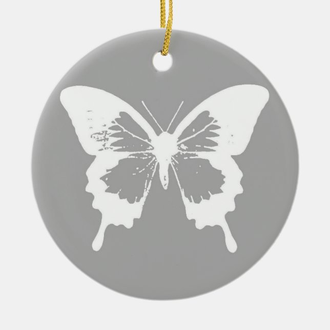 Ornamento De Cerâmica Esboço da borboleta, cinza prateada e branco (Frente)