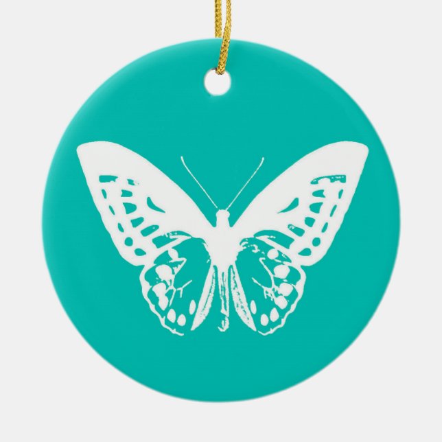 Ornamento De Cerâmica Esboço da borboleta, turquesa e branco (Frente)