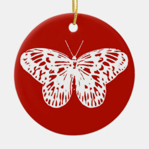 Ornamento De Cerâmica Esboço da borboleta, vermelho escuro e branco