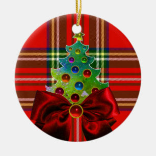 ORNAMENTO DE CERÂMICA ESCOCÊS TARTAN, VERMELHO ARCOS VERDE E ÁRVORE NA