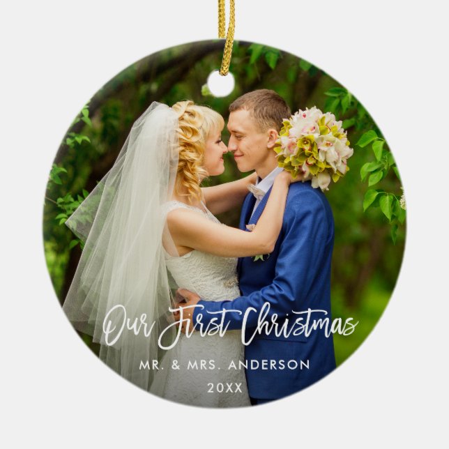 Ornamento De Cerâmica Escova Moderna Escreve Nosso Primeiro Casamento De (Frente)