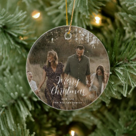 Ornamento De Cerâmica Escrita elegante de Natal com fotografia mínima mo