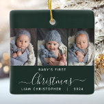 Ornamento De Cerâmica Escrita fotográfica verde-escura 3º rua de Natal d<br><div class="desc">Ajudem-nos a comemorar o primeiro Natal do seu neto com este belo ornamento moderno do keepsasasaame. O texto branco lê "O primeiro Natal do bebê", com a palavra "Natal" em um roteiro elegante, com florescimento antes e depois num fundo verde escuro. Substitua as três imagens de exemplo por suas fotos...</div>