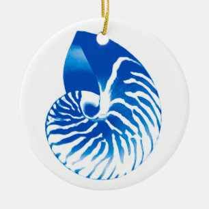 Ornamento De Cerâmica Escudo do nautilus - azuis cobaltos e branco