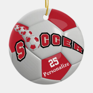Ornamento De Cerâmica Escuridão da bola de futebol vermelho   Personali