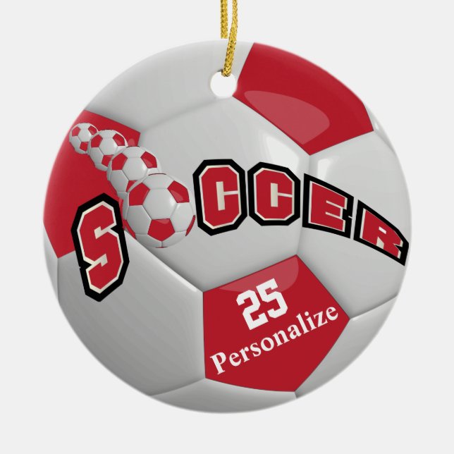 Ornamento De Cerâmica Escuridão da bola de futebol vermelho | Personaliz (Frente)