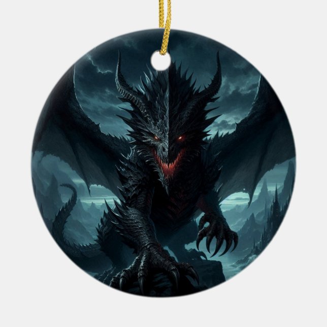 Ornamento De Cerâmica Escuro, Dragão Medieval (Frente)