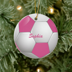 Ornamento De Cerâmica Esfera de Futebol Personalizável, Rosa e Branco