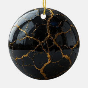 Ornamento De Cerâmica Esfera Obsidiana Polida com Veias de Molten Dourad