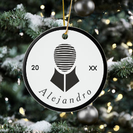 Ornamento De Cerâmica Esgrima de Cinza Branca Negra Nome Personalizado e